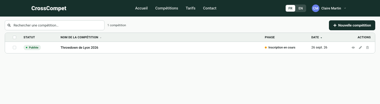 Liste des compétitions : colonnes Statut, Nom, Phase, Date et Actions