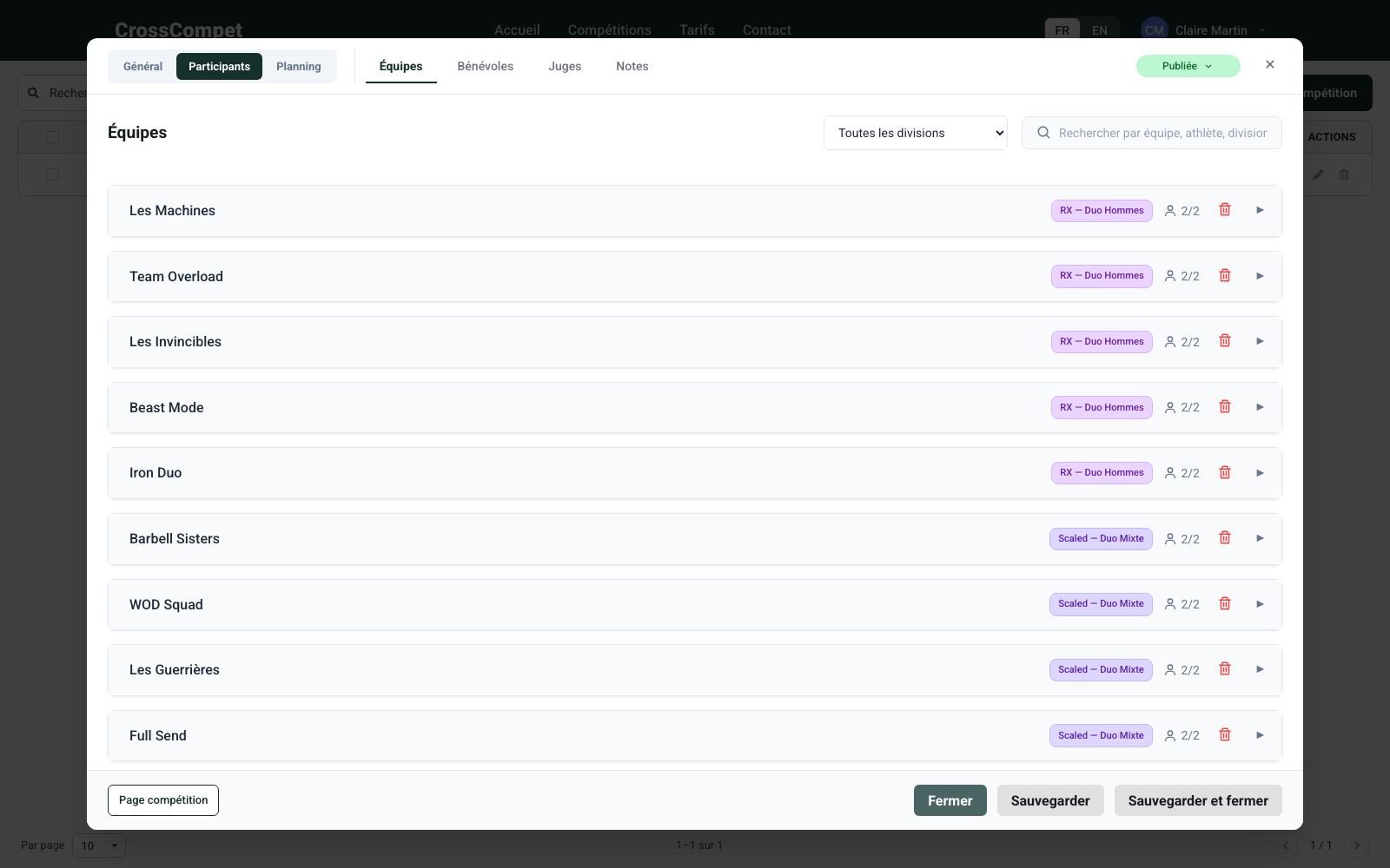 Onglet Équipes : liste des équipes avec division, compteur de membres, filtre et recherche